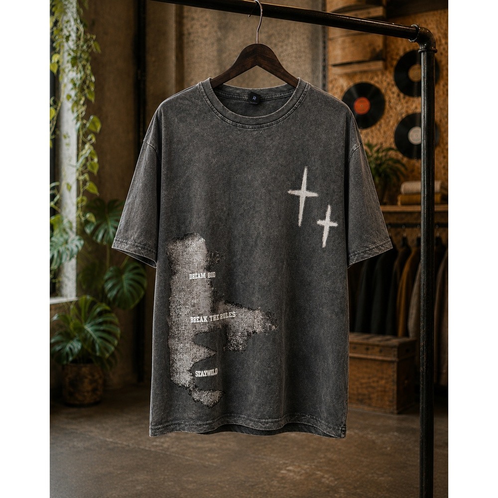 Mens Acid Wash Cross Graphic Tee Faded Black Boxy Fit Streetwear Small Christian